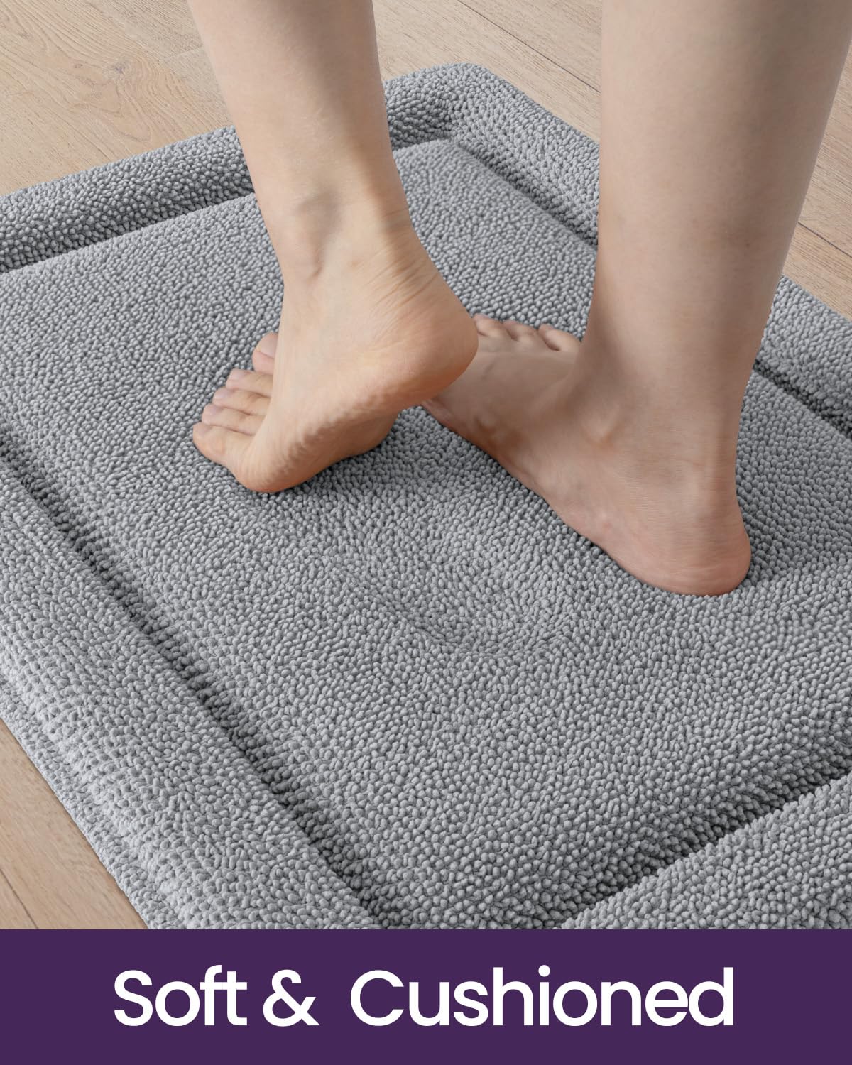 DEXI Memory Foam Bath Mat 24x17, Soft Absorbent Chenille Bathroom Rug, Non Slip Quick Dry Bath Mats for Bathroom, Thick Plush Floor Carpet for Tub Shower, Sink, Light Grey