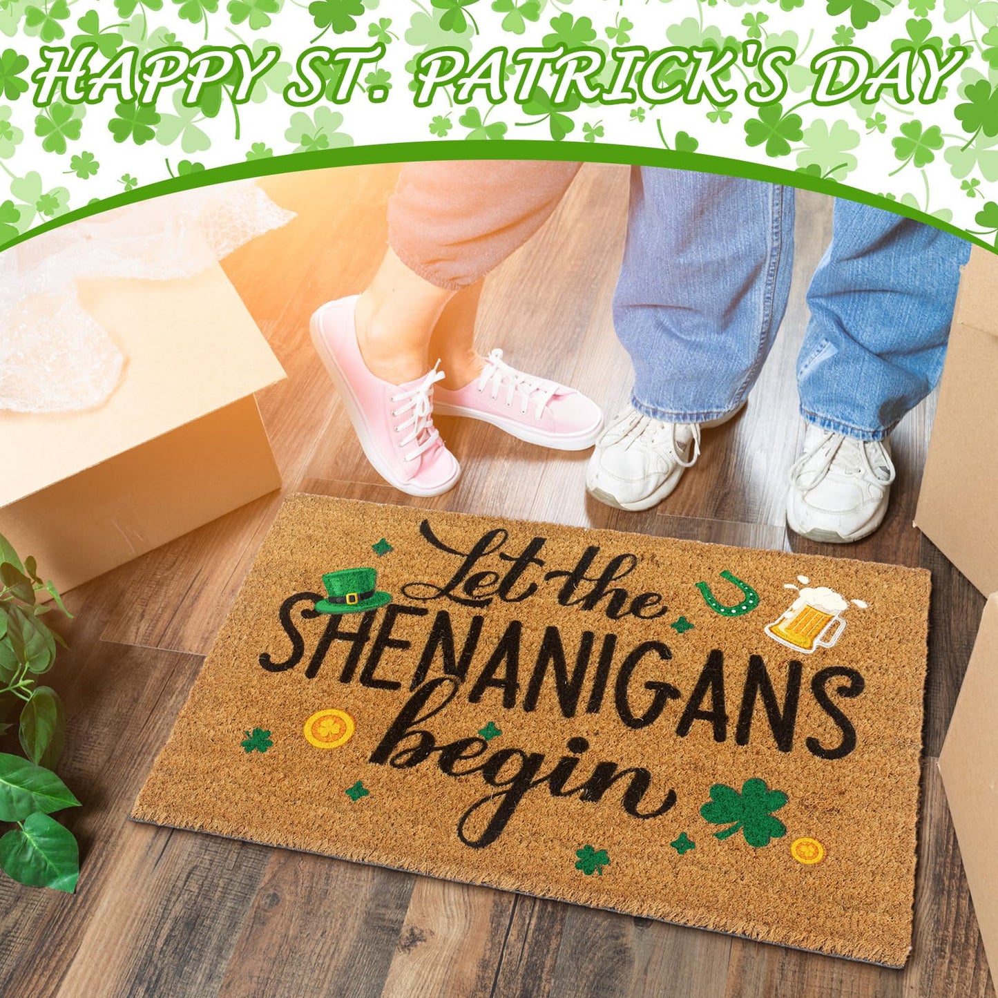 Ceenna St. Patrick's Day Welcome Doormat Outdoor St. Patrick's Day Coir Doormat with Non Slip Backing Shamrock Clover Green Irish Door Mat Front Porch Rugs for Home Entrance, 16 x 28Inches