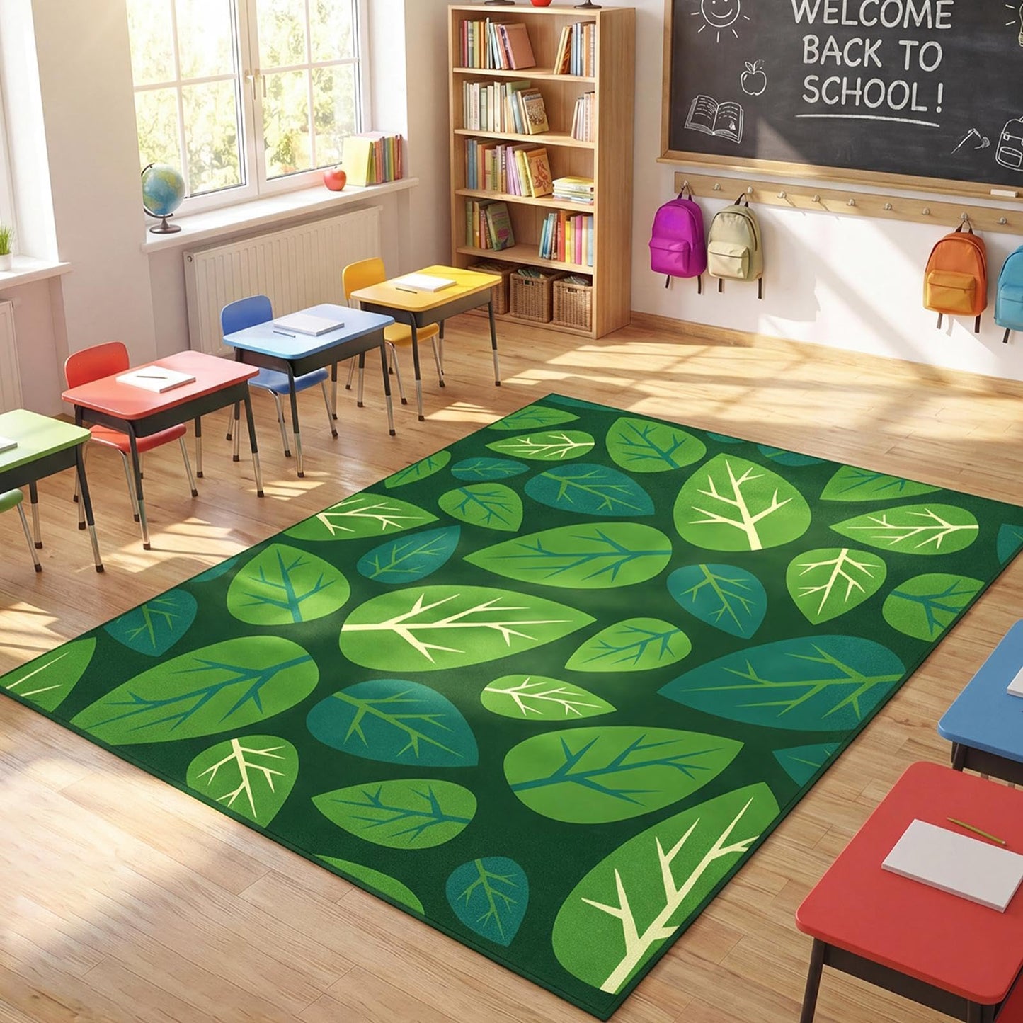 Frienda 13 x7.5 ft Large Classroom Rug for Back to School Decor Green Leaves Rug Non Slip Carpet Soft Nylon Learning Rugs for Reading Corner Circle Time School Classroom Decor