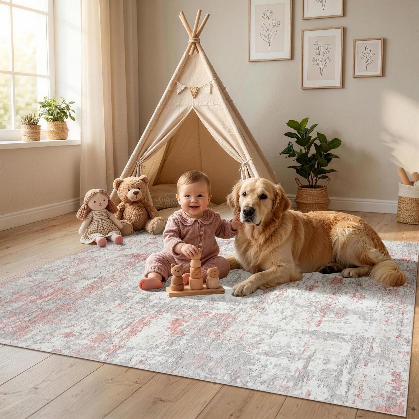 5x7 Washable Modern Abstract Area Rug, Soft Faux Cashmere Low Pile Non-Slip Non-Shedding Carpet for Living Room Bedroom Nursery Girls Room, Grey Pink