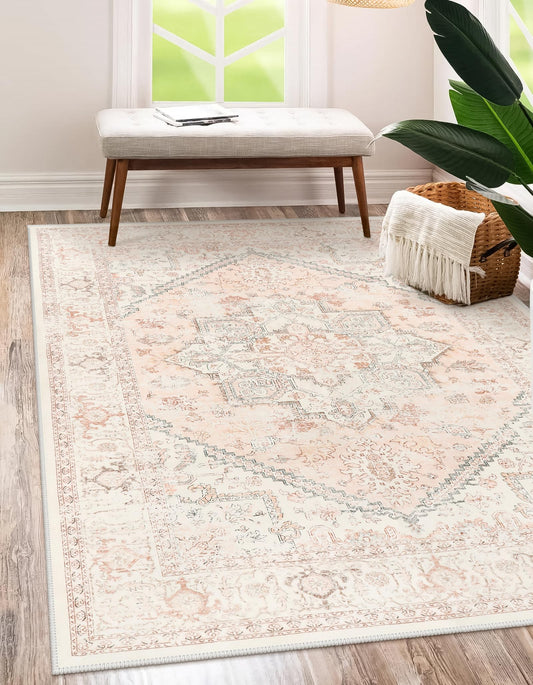 LIVEBOX Pink Area Rug 5x7 - Soft Rugs for Bedroom, Non-Slip Pink Rugs for Bedroom Girls, Vintage Washable Cute Aesthetic Rug for Nursery Dining Room, Retro Print Distressed Accent Carpet for Apartment