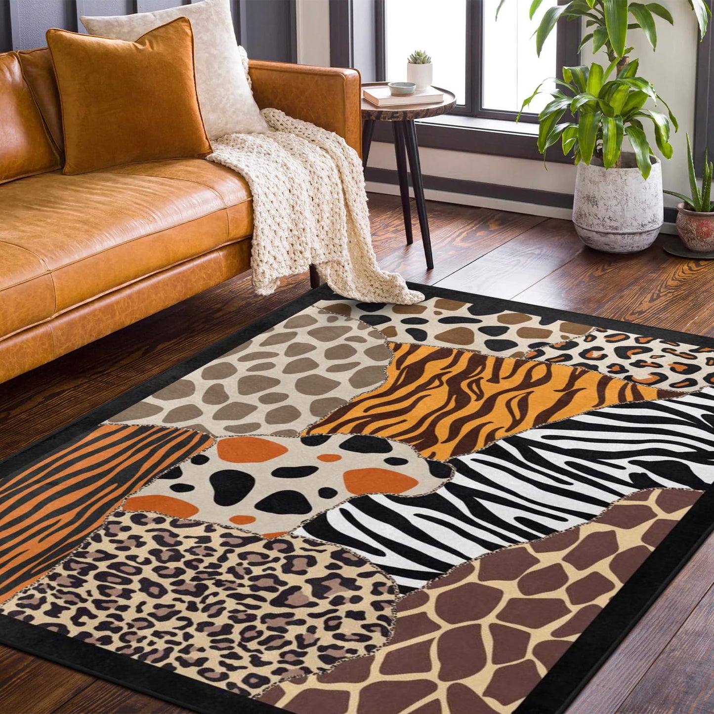 9CH Abstract Leopard Area Rug 7' X 5' Black Brown Animal Skin Print Floor Carpet Non-Slip Soft Modern Rugs for Girls Bedroom Office Dining Room Living Room