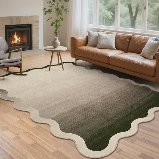 LUXLOOM Large Modern Scalloped Living Room Rug 10x13 Ombre Rugs for Bedroom Soft Low Pile Neutral Indoor Rug Non Slip Stain-Resistant Gradient Carpet for Playroom Dining Room Nursery Kids Room Camel