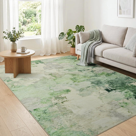Joydeco Area Rugs 5x7 Washable, Light Green Modern Abstract Non-Slip Soft Low-Pile Carpet for Living Room, Bedroom & Dining Room