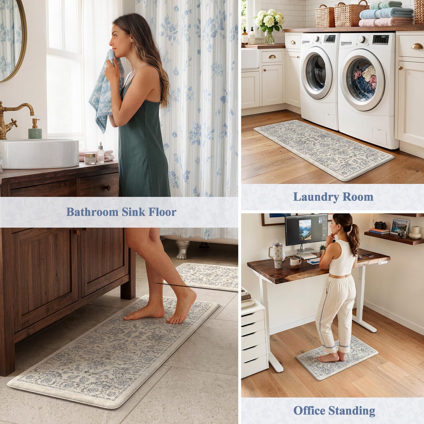 KIMODE Anti Fatigue Kitchen Mats for Floor, Boho Floral Kitchen Rugs 17"x29.5"+17" x47”, Cushioned Mats for Kitchen Floor, Non Slip Kitchen Floor Mats, Sink, Laundry, Office, Desk Blue Multi