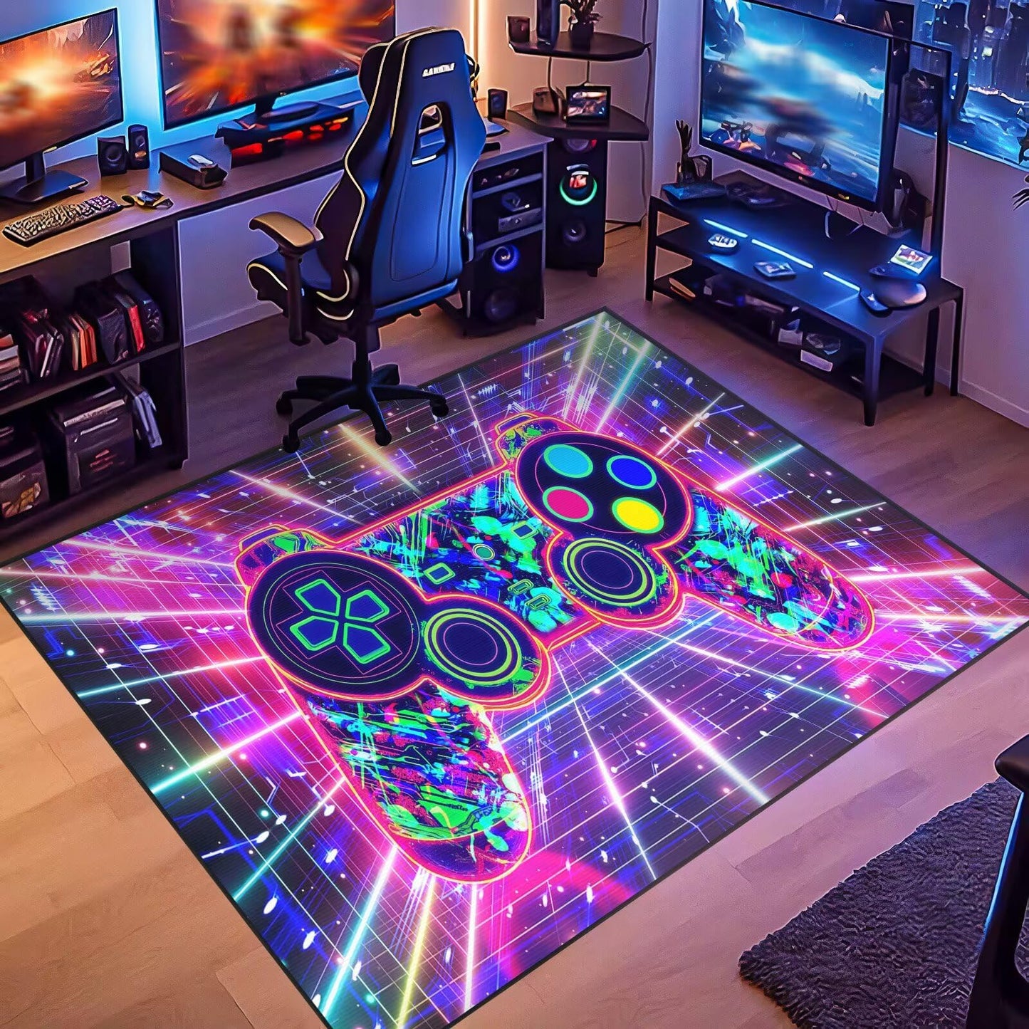 Auetwyona Gaming Rug for Boys Bedroom Decor - Gamer Area Rug Video Game Gaming Carpet for Bedroom Gamepad Design Purple Rug for Kids Room,Boys Game Room & Dorm -Anti-Slip Floor Mat 59 x 35 in