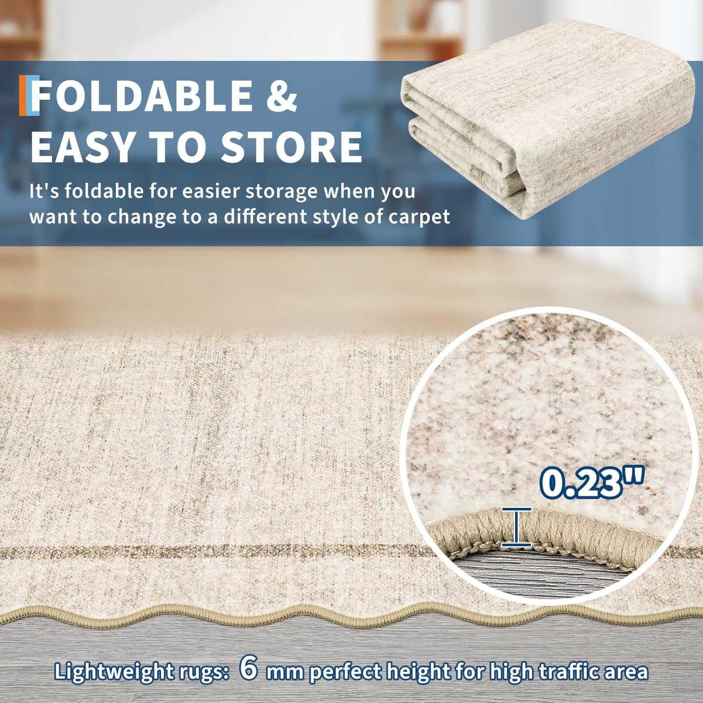 GarveeHome Scalloped Large Living Room Area Rug 6x9 - Machine Washable Modern Rugs Bordered Neutral Rug Non-Shedding Low Pile Farmhouse Carpet for Bedroom Nursery Classroom Dorm 6 ft x9 ft Beige