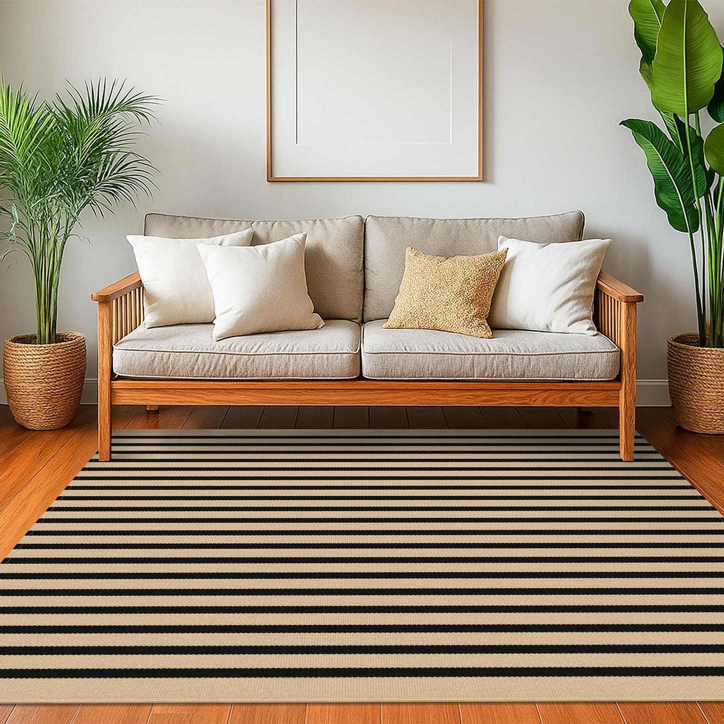 KOZYFLY Brown and Black Striped Rug 4x6 Ft Area Rug Washable Indoor Outdoor Rug Cotton Door Mat for Double Front Door Entryway Patio Porch Living Room Carpet