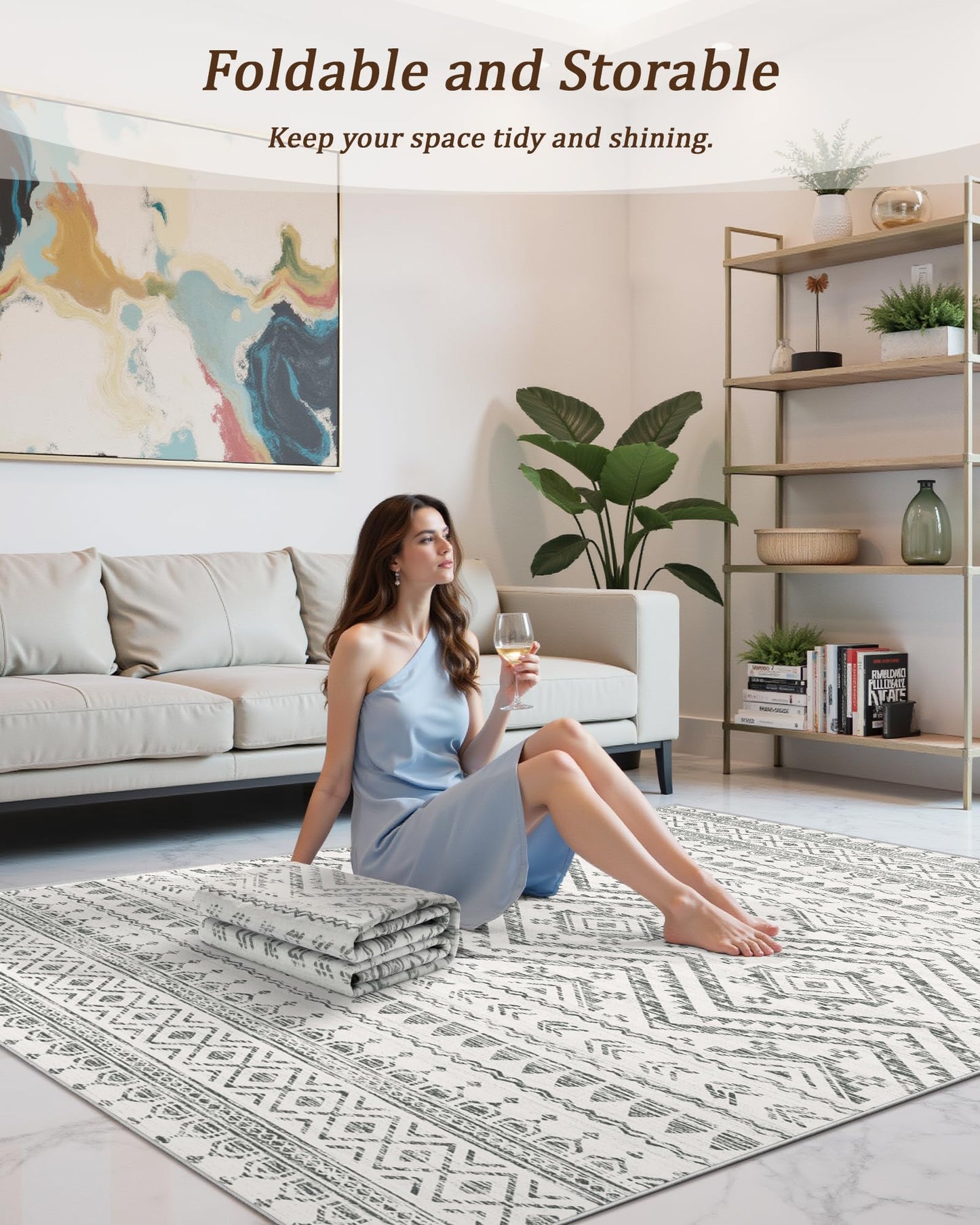 Miukiki 8x10 Area Rug for Living Room Moroccan Washable Rugs Non Slip Indoor Floor Carpet Foldable Large Soft Area Rug for Dining Room Bedroom with Low Pile(Grey,8'x10')