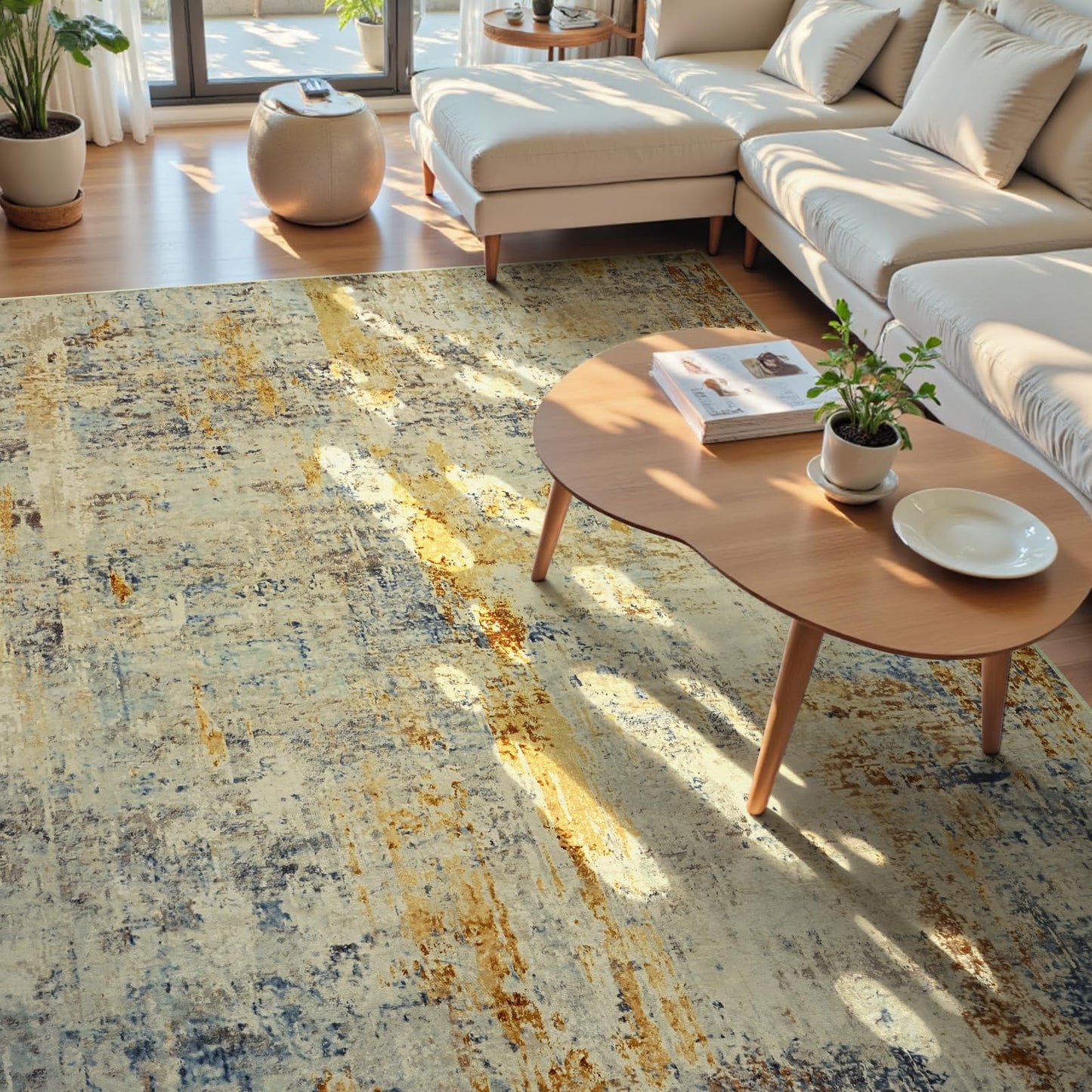 Ompaa Living Room Rug 8x10 Beige Area Rugs Machine Washable Abstract Boho Large Carpet Non-Slip Non-Shedding Faux Wool Indoor Vintage Rug for Bedroom, Classroom, Dining Room, Kids Playroom