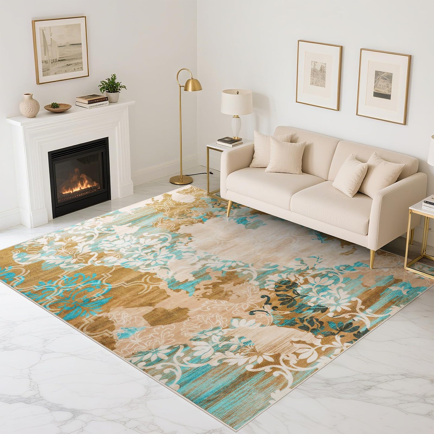 CRYPTOLITE Abstract Area Rug Washable Rug with Non-Slip Backing Low Pile Area Rugs for Living Room, Bedroom, Dining Room,4x6, Orange-Yellow