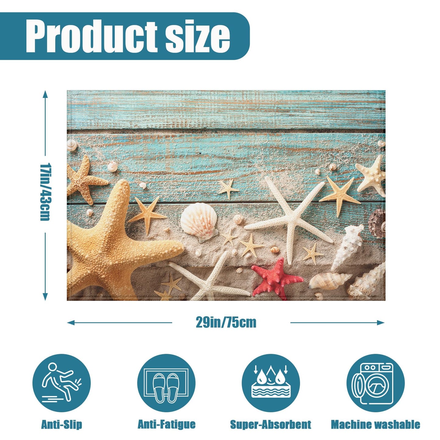 Beach Shells Starfish Indoor Door Mat, Outdoor Entrance Doormat for Entryway Kitchen Bathroom 17 X 29 Inch