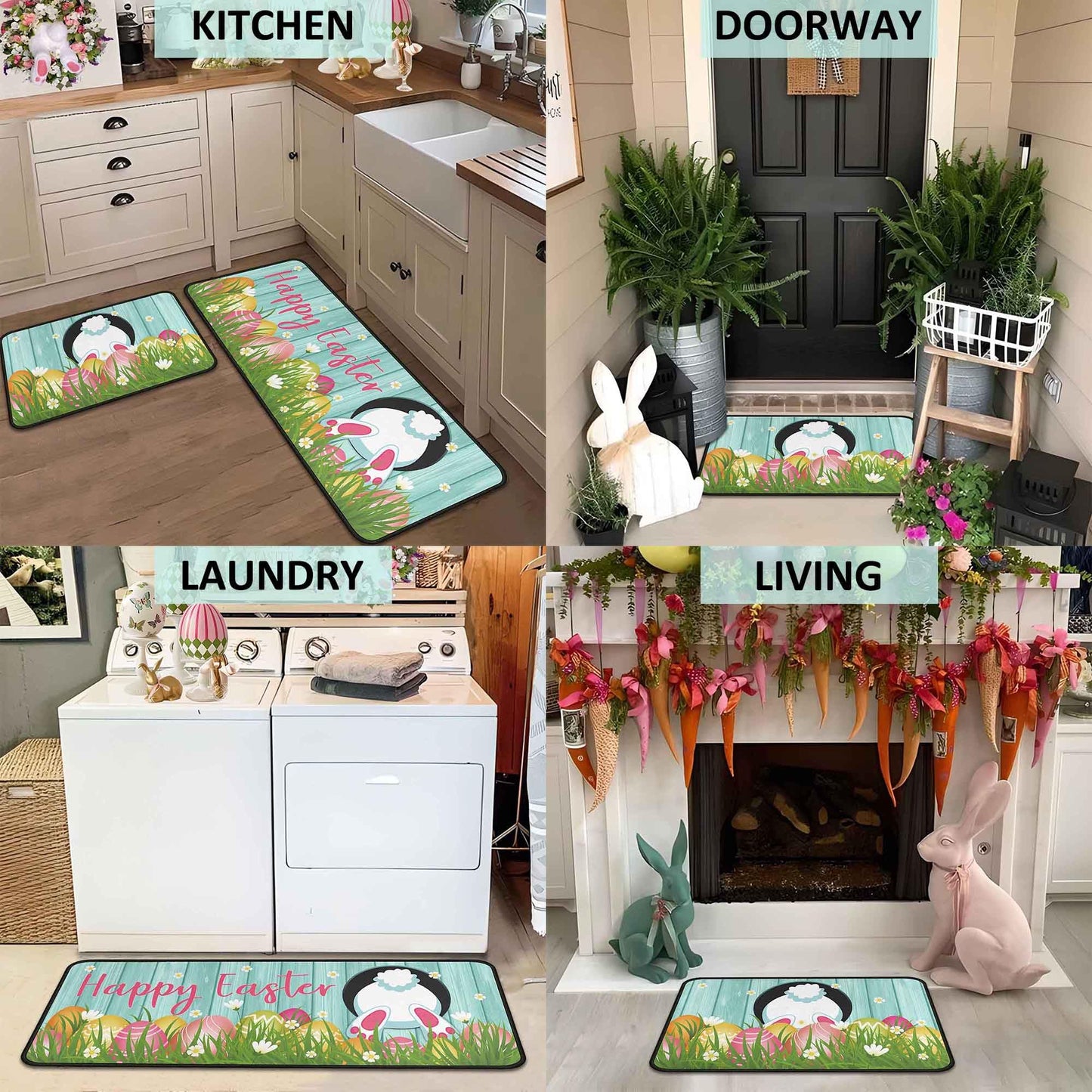 Putware Easter Kitchen Rugs and Mats Set of 2, Easter Decorations for Home Non Slip Backing Happy Easter Kitchen Rug Seasonal Low-Profile Kitchen Floor Mat Easter Decor 17"X47"+17"X30"