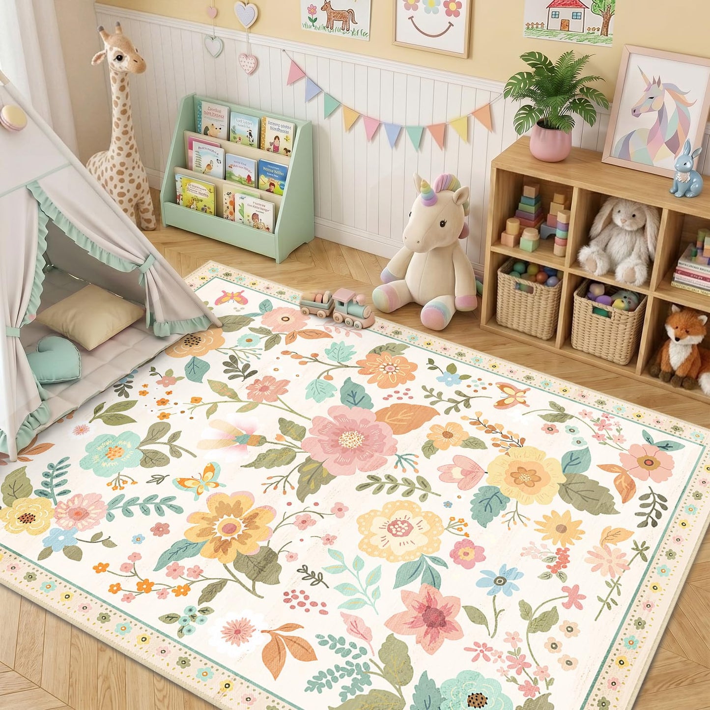 RELEANY Floral 5x7 Area Rugs Washable Print Boho Cute Carpet Non Slip Flower Low Pile for Living Room Bedroom Kitchen Office Farmhouse-Beige/White/Orange