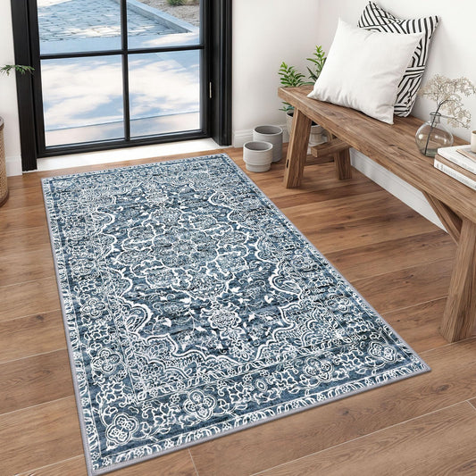 KUTA 3x5 Entryway Rug Non-Slip Washable Area Rugs, Vintage Floral Kitchen Rugs Blue White, Ultra Soft Printed Medallion Tribal Entry Low-Pile Carpet for Entrance Bedroom Nursery Dorm Décor