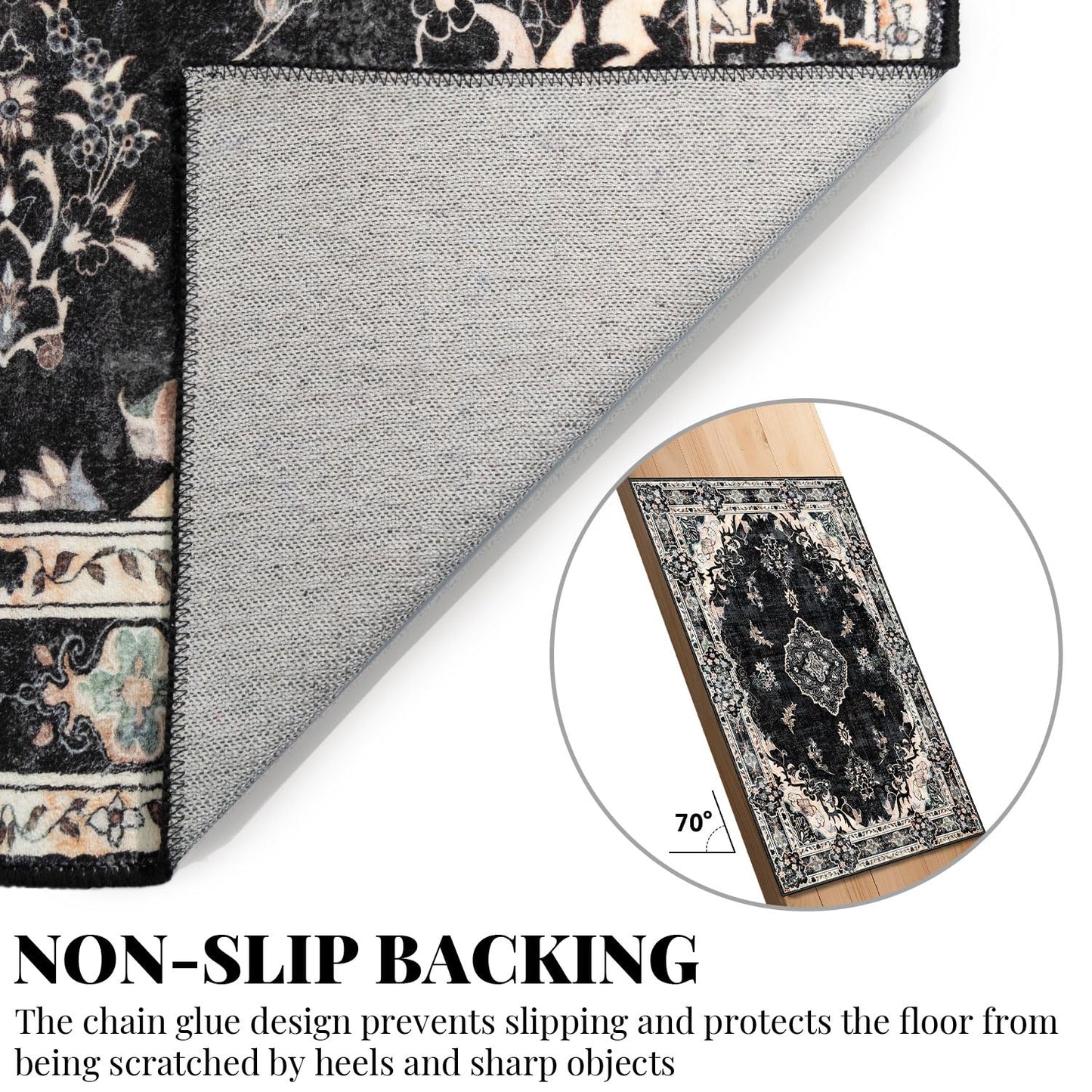 MUJOO 9x12 Area Rug Black Washable Rug Non Slip Low-Pile Floral Large
