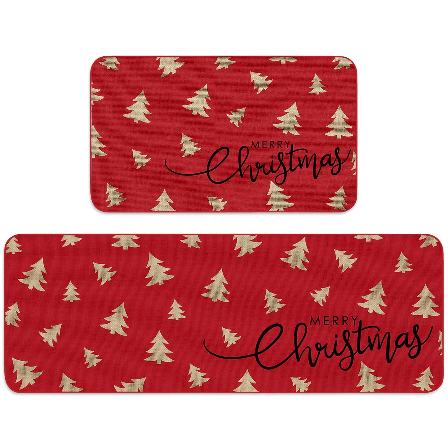 FYSUIMU Christmas Kitchen Rugs Set of 2 Merry Christmas Kitchen Mat Floor Mats Non-Slip Red Beige Xmas Tree Door Rugs for Xmas Winter Holiday Home Decor, 17 x 29 in, 17 x 47 in