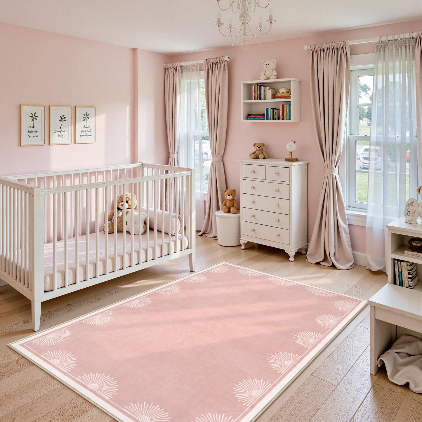 Hedlive Modern 3x5 Pink Rugs for Bedroom Girls,Ultra Thin Nursery Rug for Girls Room, Sun Printed Non Slip Washable Area Rug,Soft Non Shedding Throw Carpet for Playroom Classroom(3'x5',Pink)