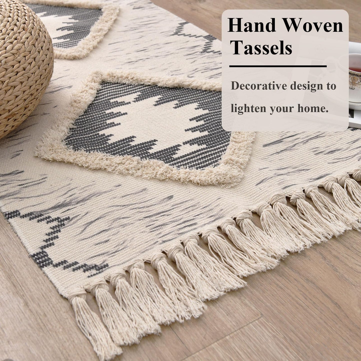Boho Runner Rug 2'x6', Washable Hallway Rug Runner Non Slip Rubber Backed, Kitchen Farmhouse Area Rug Floor Mat with Tassels, Tufted Woven Cotton Entryway Carpet, Grey