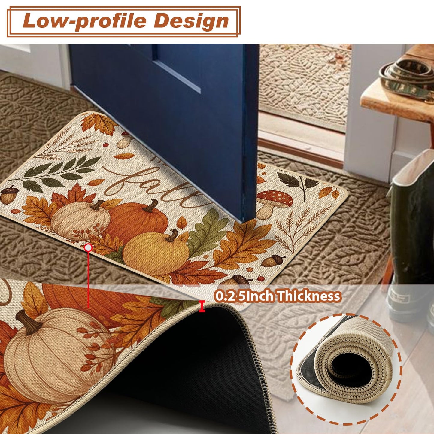 Baccessor Fall Kitchen Rugs Set of 2, Pumpkin Mushroom Kitchen Mats for Floor Washable Low-Profile Farmhouse Autumn Holiday Home Indoor Outdoor Decor 17x29 and 17x47 Inch