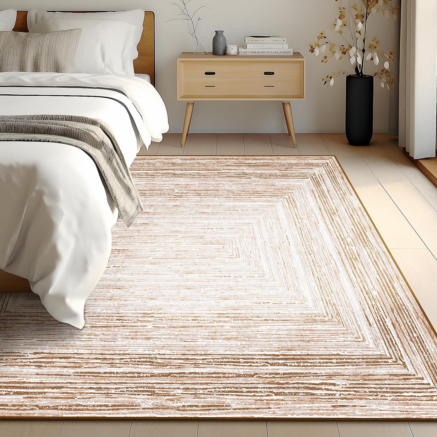Phantoscope Washable Area Rug 5'x7' Non-Slip, Modern Neutral Boho Rugs for Living Room, Bedroom, Dining Room, Distressed Geometric Rectangle Pattern, Low-Pile Foldable Floor Carpet, Neutral Beige/Rust