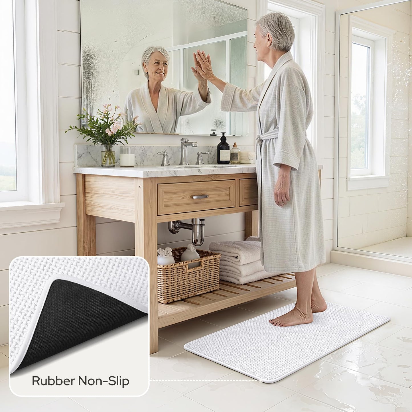 HOMEIDEAS Bathroom Rugs Set 2 Piece, Ultra Thin Non-Slip Bath Mats Rubber Backed, Chenille Absorbent Quick Dry Mats for Shower & Vanity, Low Profile Fits Under Door (White, 32"x20"+24"x17")