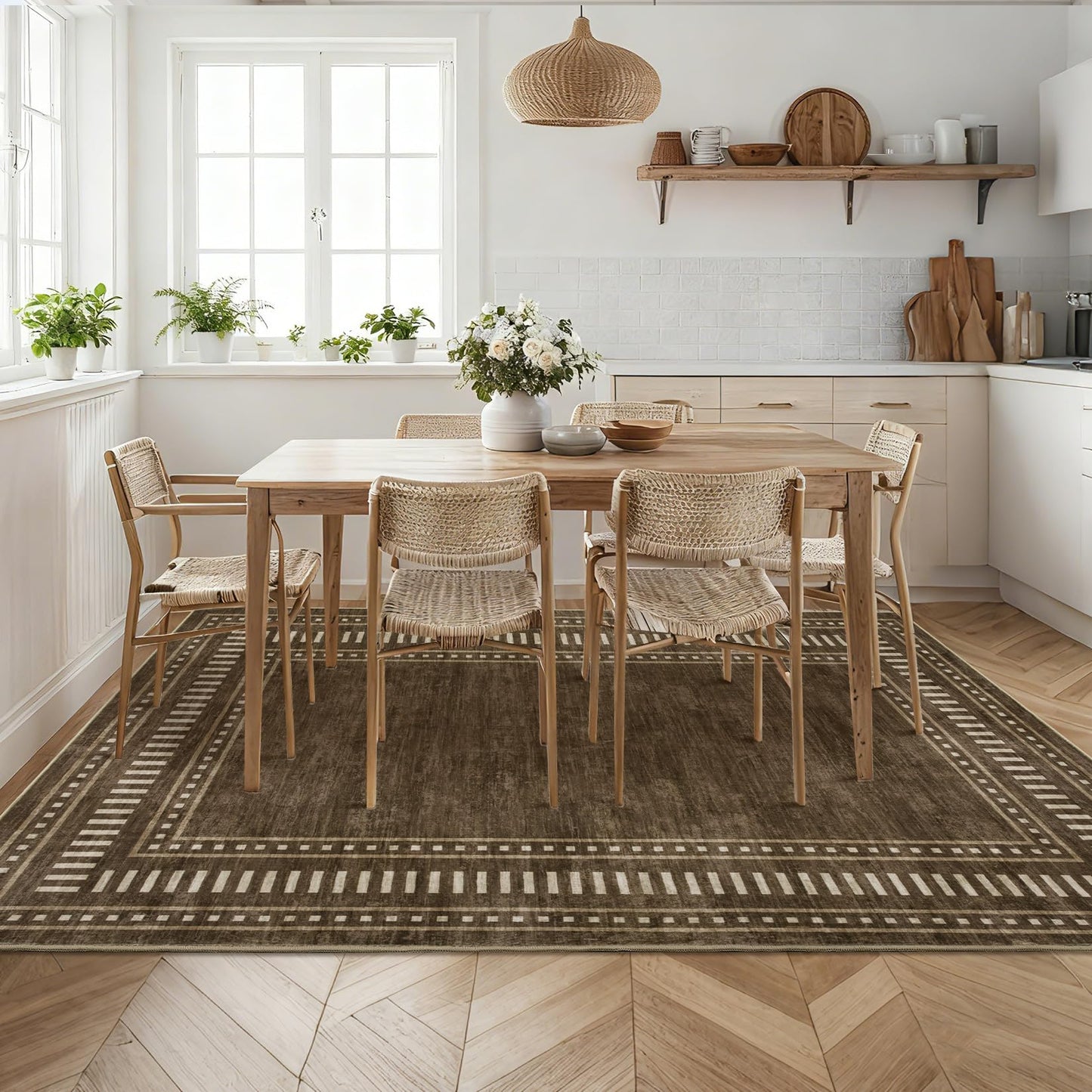 Garvee 4x6 Area Rug - Machine Washable Non-Slip Small Carpet, Soft Low-Pile Farmhouse Floor Mat for Bedroom Home Office Nursery, Foldable Indoor Rug with TPR Backing, Pet Friendly, Brown