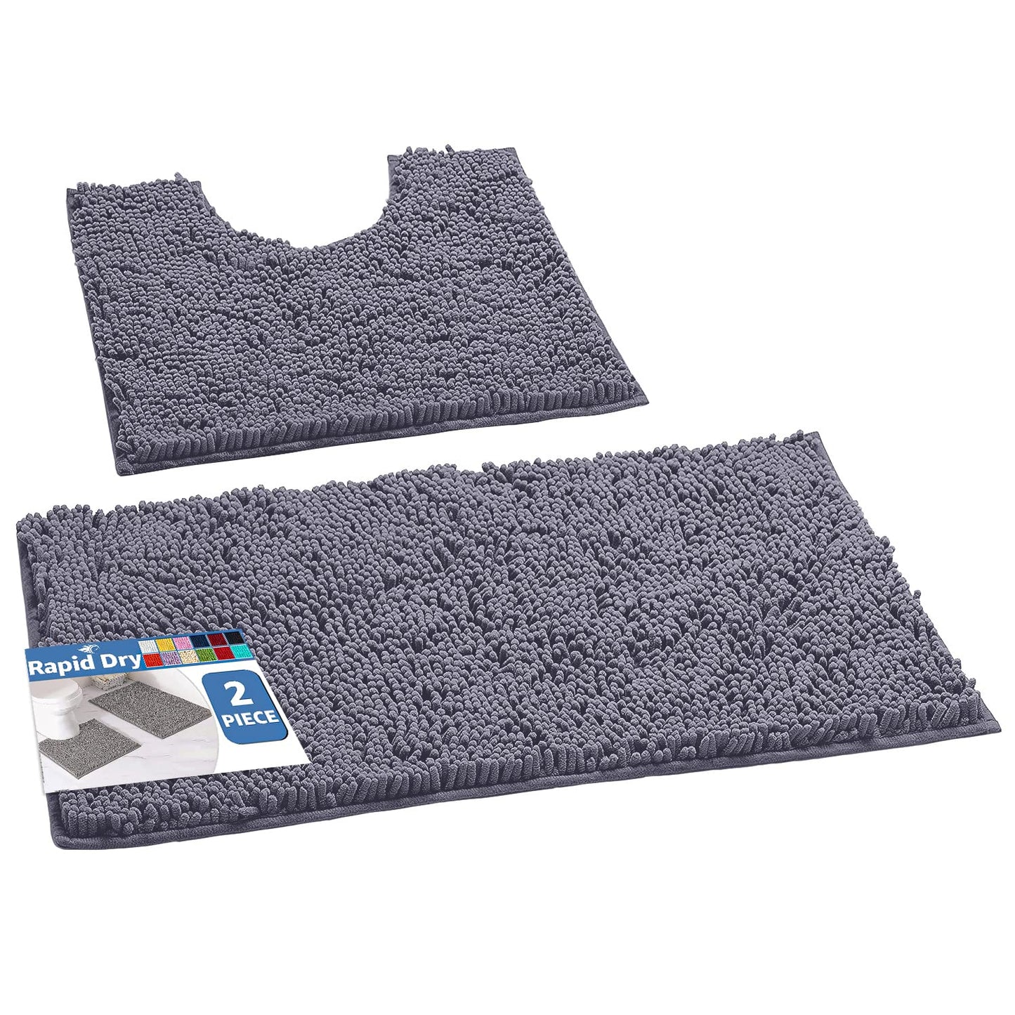 LuxUrux Bathroom Mats 2 Piece Set, Bathroom Rug Set, Soft Absorbent Chenille Bath Mat & Contour Toilet Rug, Non Slip, Quick Dry, Machine Washable Shaggy Bathroom Mats (Gray, 20"x30"+20"x20" U-Shaped)