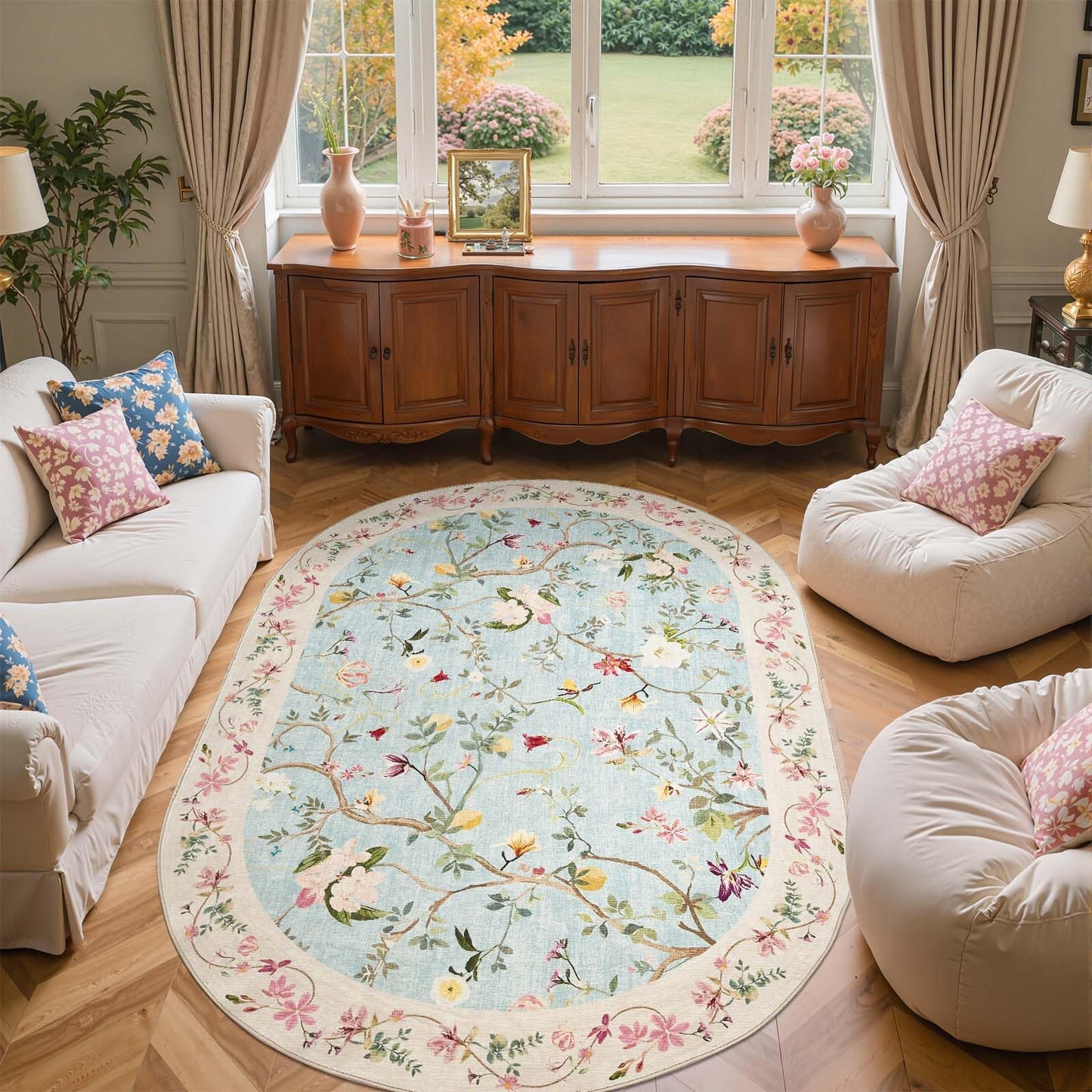 jinchan Floraison Floral 5x7 Oval Area Rug Washable Oriental Flower Design Non-Slip Lightweight Low-Pile Soft Chinoiserie Carpet for Living Room Bedroom Nursery Home Decor Blue/Pink