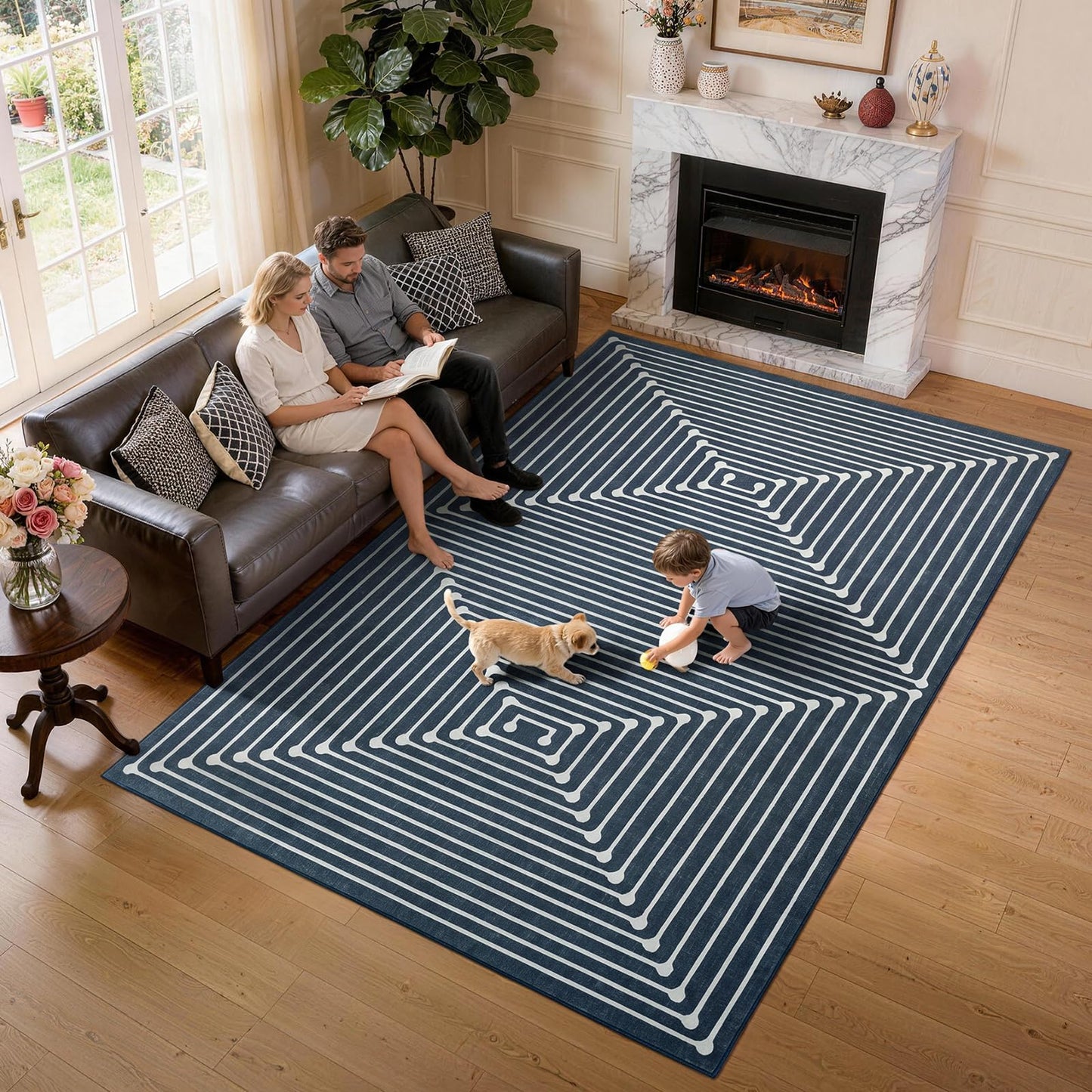 YIHOUSE Washable 5x7 Area Rugs for Living Room, Navy Blue Striped Rug for Bedroom Playroom Non Slip Low Pile, Soft Modern Geometric Carpet for Entryway Home Office Decor