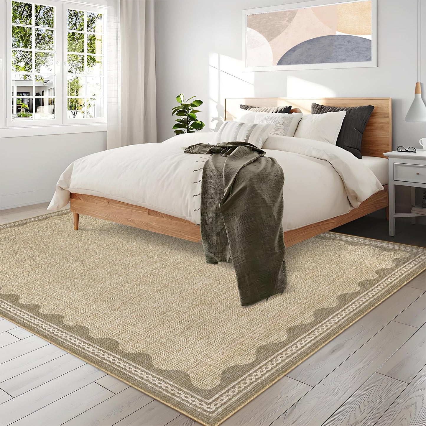 CAREMEE Scalloped Washable Area Rug, 6' x 9' Rectangular, Beige, Non Slip, Machine Washable, Indoor, Low Pile, Polyester, Solid, Tufted, Foldable, Stain Resistant, Shed Resistant