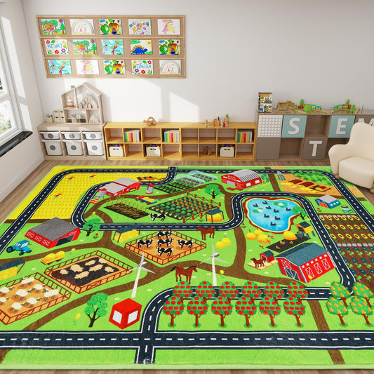 Mfmiudole Kids Rug for Car Toy Farm Track View, Large Play Rug 6'7" x 9'2" with Road Traffic Play Carpet Washable Educational Mat for Toddler Playroom Classroom Nursery (1-Farm Life, 110"×78.7")