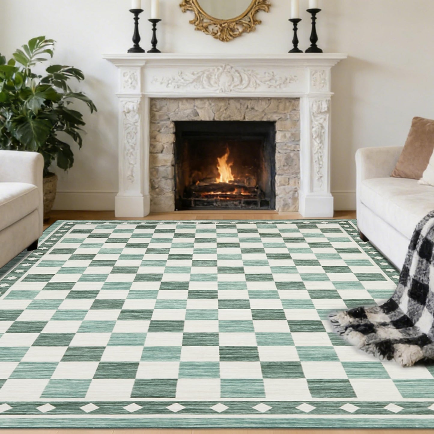 Garvee 9x12 Checkered Area Rug, Washable Soft Rugs for Living Room, Modern Geometric Non Slip Low Pile Carpet for Bedroom, Dining Room, Green