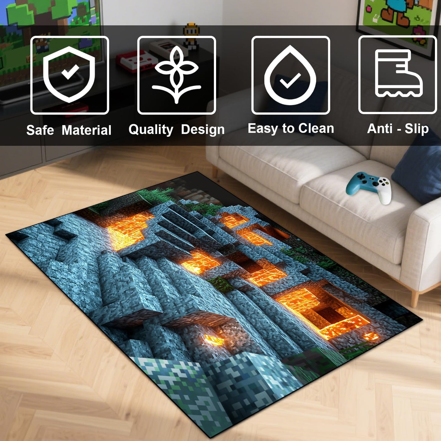 Block Game Rug Teen Kids Carpet, Pixel Games Scene Decoration Mat, Washable Game Rugs for Boy’s Bedroom Living Room Playroom, Non-Slip Children Gaming Area Rugs (Blue Rock Lava, 60" x 40")