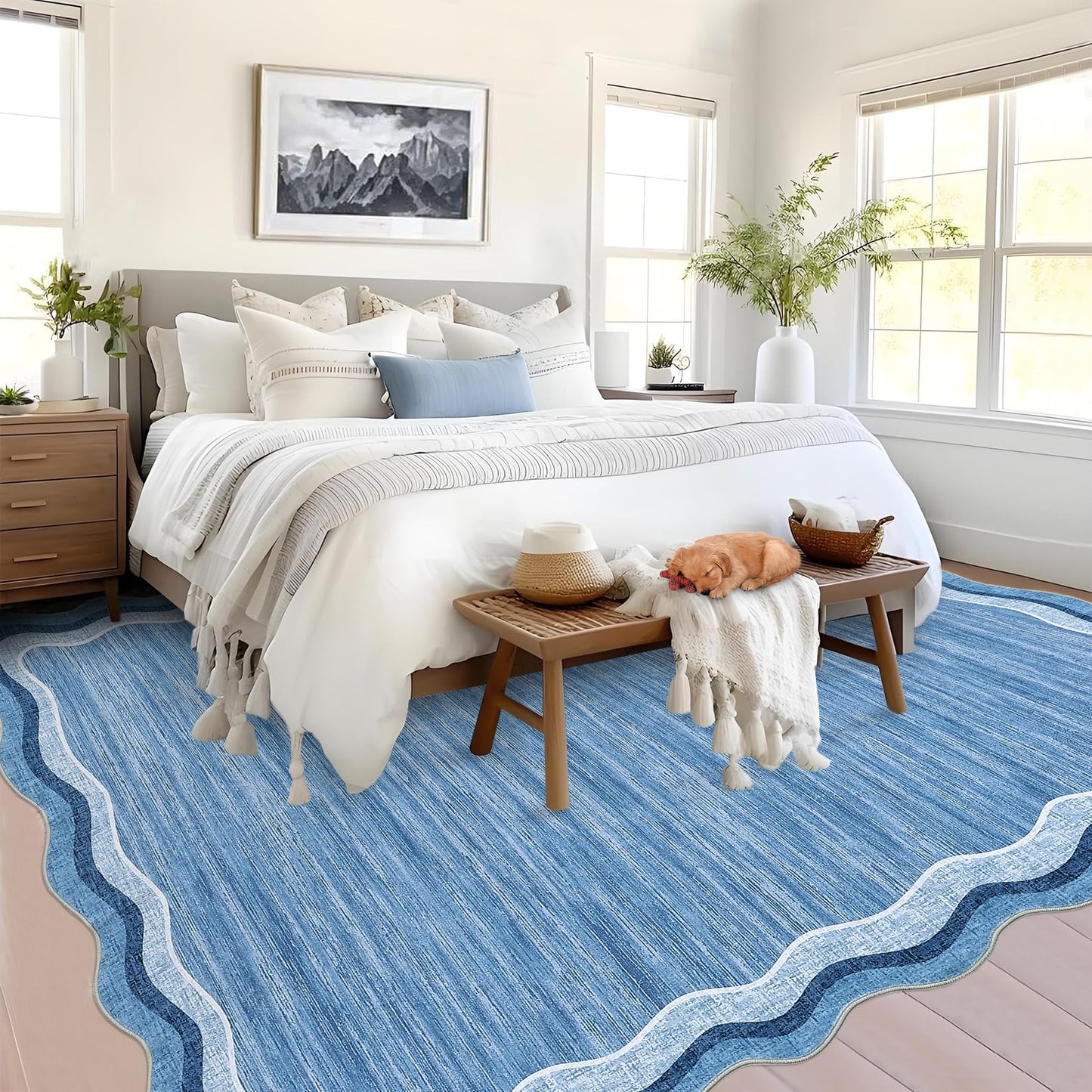 GarveeHome Scalloped Washable 8x10 Rugs for Living Room Bedroom Large Scalloped Solid Rug Non-Slip Stain Resistant Carpet Easy Clean Kids&Pet Friendly Carpet for Nursery Dining Room Table Dorm Blue