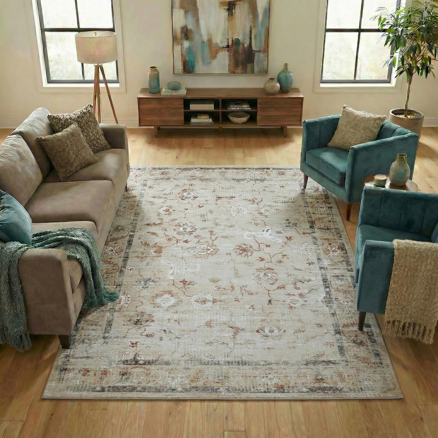 Superior Floral Scroll Washable Runner Rug, Cotton Backing, Carpet for Dining Table Mud Room, Non-Slip Rug for Hallway, Entry, Kitchen, Low Pile Area Rug, Swan Collection, 5' x 7', Ivory