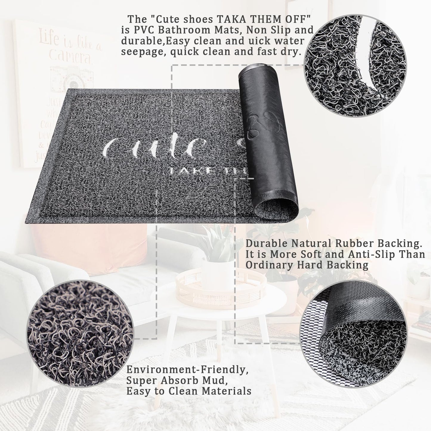 Welcome Mat for Front Door Outdoor Easy to Cleaning and Maintaining Indoor Mats Rubber Cute Shoes Take Them Off Dirt Snow Mud Doormats Waterproof Stain and Fade Mat for Entryway Grey