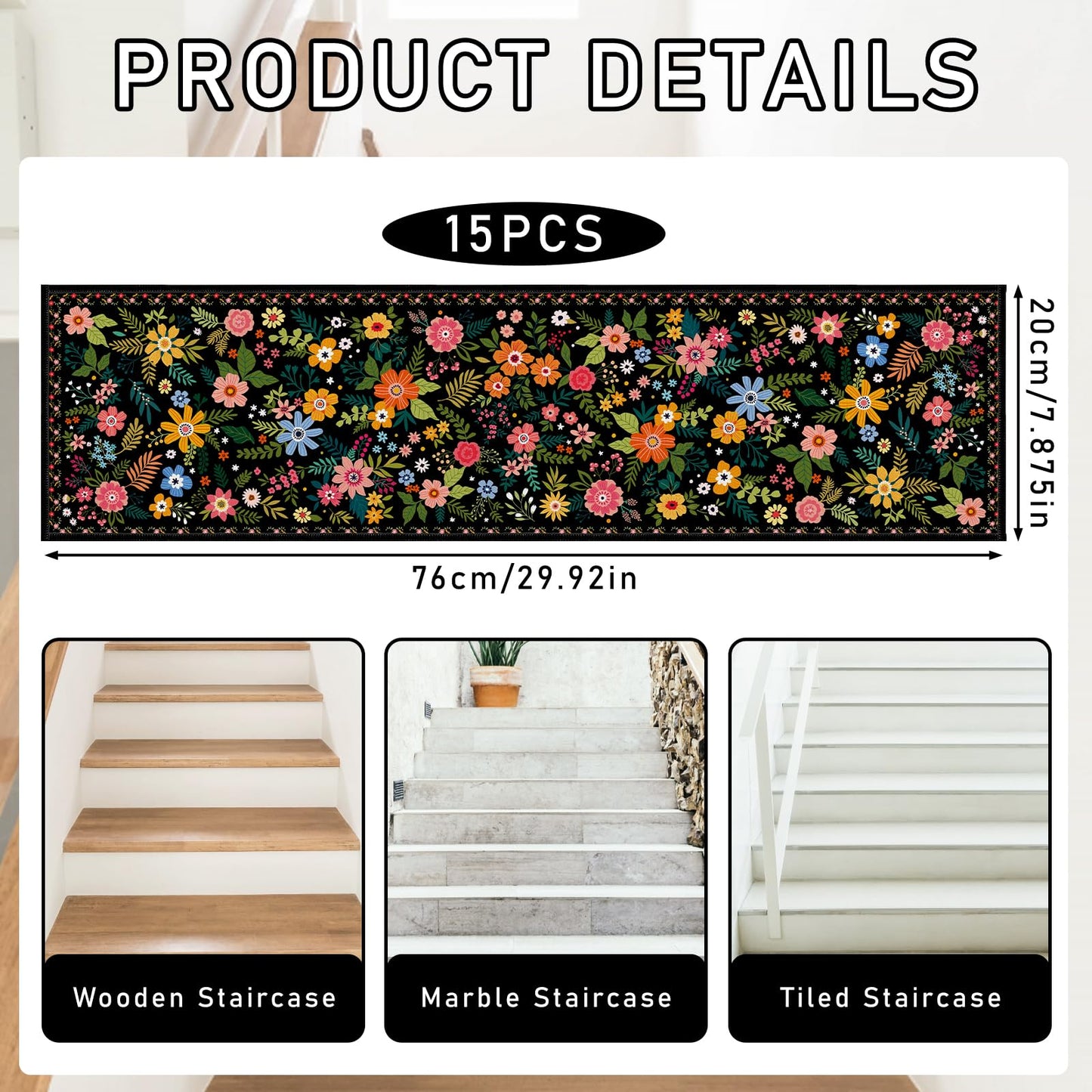 InIsaJace Floral Stair Treads for Wooden Steps, 15 Pack Black Stair Runners Non Slip Indoor 8" X 30", Washable Carpet Rugs with Silicone Backing for Kids Elders and Dogs
