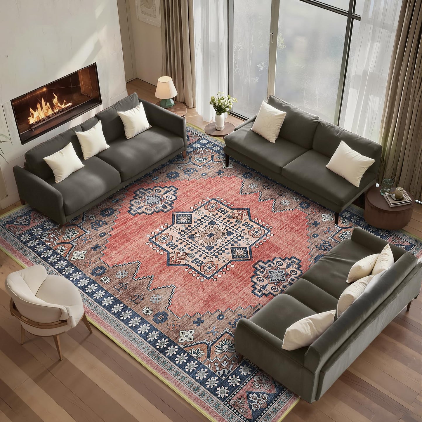 FLYRUGGO Boho Persian 5x7 Rust Area Rug for Living Room Dining Room Office Bedroom