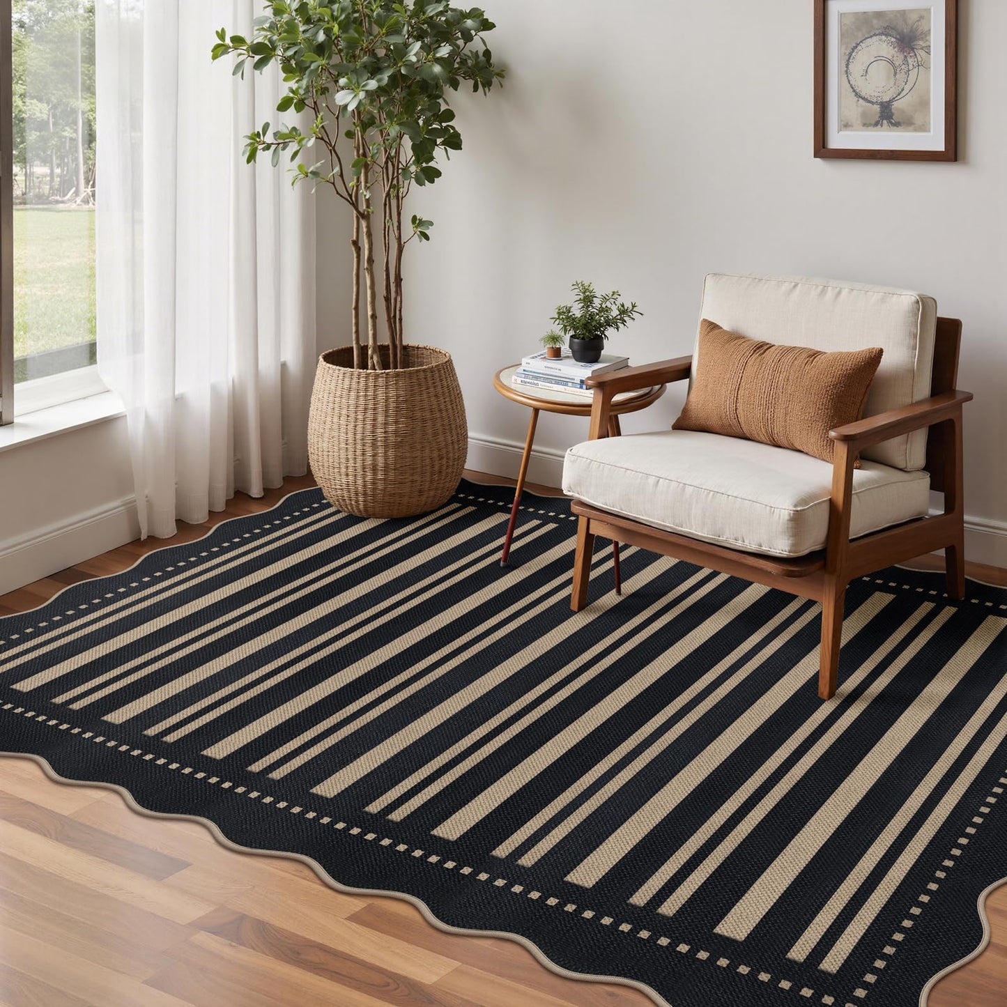 LORWER Striped Easy Jute 4x6 Outdoor Patio Rug, Washable Indoor Outdoor Black Kitchen Rugs Farmhouse Neutral Non Slip Area Rug for Living Room Backyard Bedroom