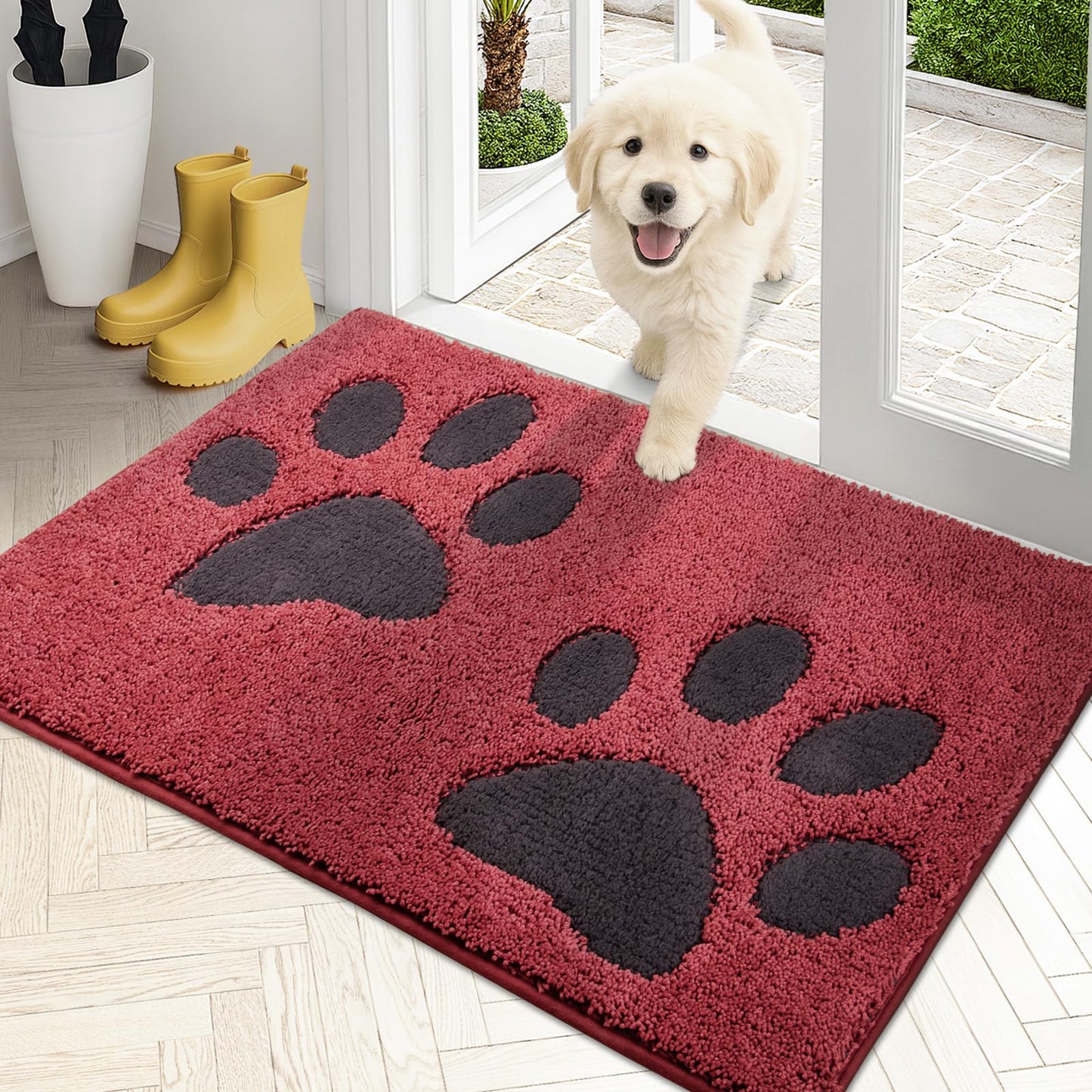 PURRUGS Dirt Trapping Door Mat 20" x 31.5", Non-Skid/Slip Machine Washable Microfiber Entryway Rug, Dog Doormat, Super Absorbent Welcome Mat for Muddy Wet Shoes and Paws, Burgundy Red