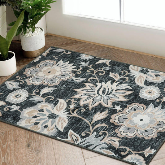 Beeiva Floral Entry Rug 2x3, Washable Kitchen Non Slip Entry Rugs for Inside House, Ultra Thin Vintage Doormat Non-Shedding Small Carpet for Bedroom Entryway Bathroom