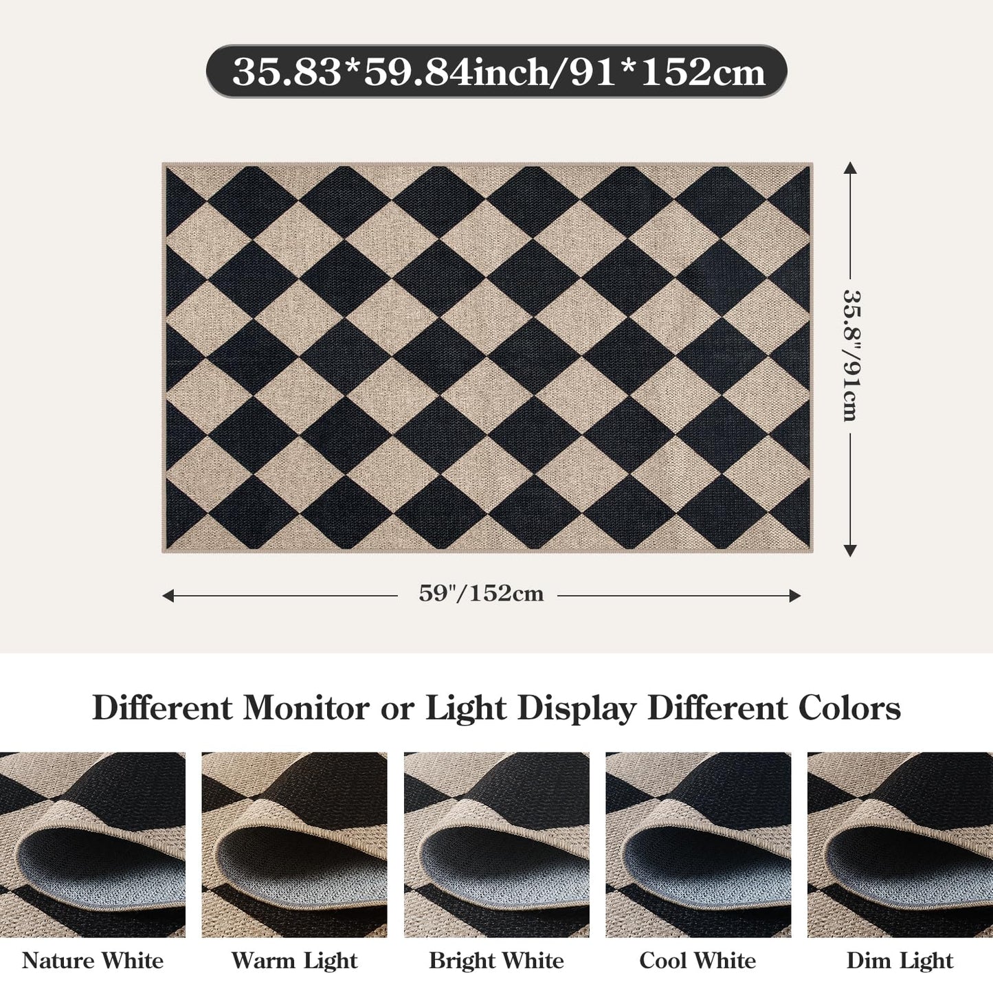 Lahome Colette Checkered Easy Jute 3x5 Outdoor Patio Rug, Washable Rugs for Entryway Diamond Indoor Outdoor Living Room Carpet, Farmhouse Neutral Non Slip Black Door Carpet for Backyard Bedroom