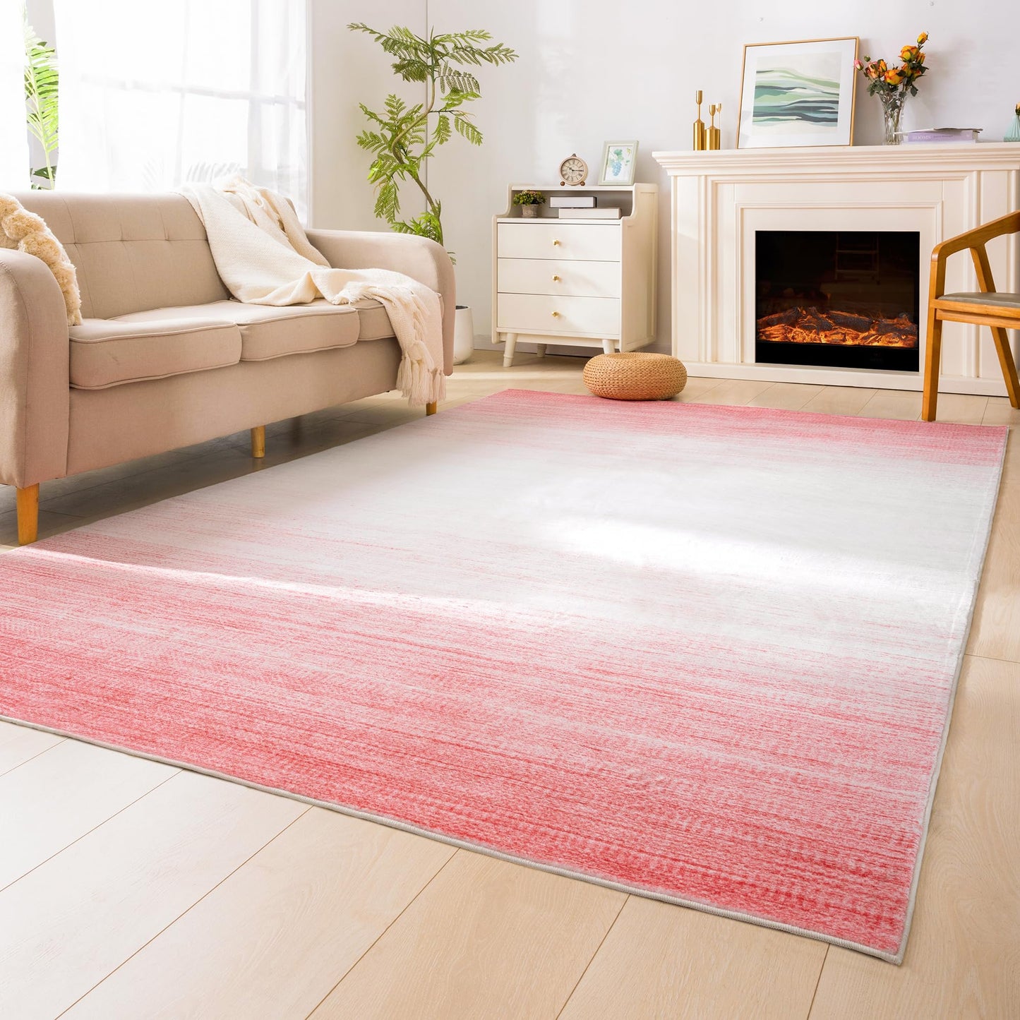 Carvapet 9x12 Area Rug - Pink Gradient Ombre Modern Carpet Low Pile, Non Slip Rubber Backing Easy Clean Foldable Big Thin Floor Rugs for Living Room Bedroom