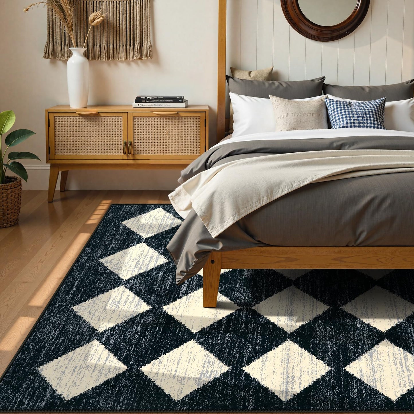 Lahome Zelie Checkered Washable 8 x 10 Area Rugs for Living Room, Black Bedroom Rug 8x10 Under Bed, Geometric Trellis Soft Ultra-Thin Indoor Carpet for Dining Room Dorm Kids Playroom (8'x10',Black)