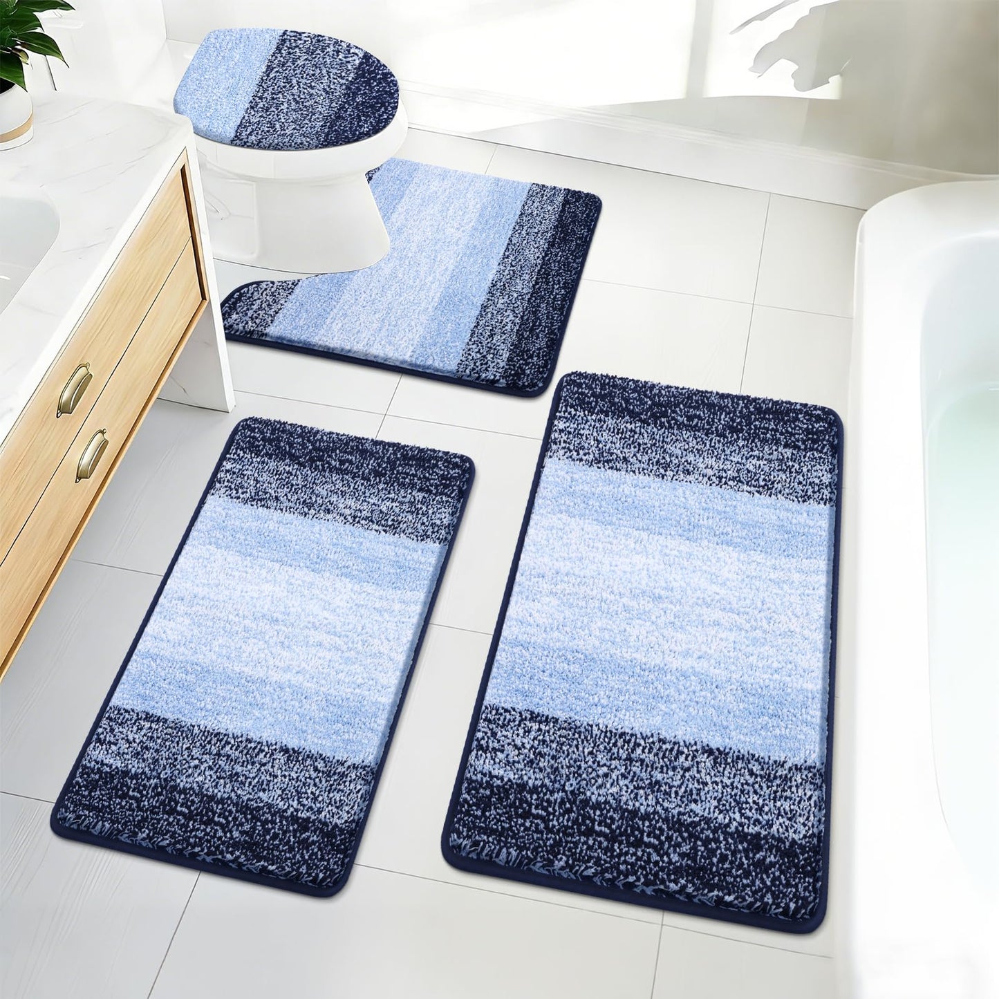 Bsmathom Bathroom Rugs Sets 4 Piece, Soft Absorbent Microfiber Bath Rugs with U-Shaped Contour Toilet Rug and Toilet Lid Cover, Thick Non-Slip Plush Shaggy Bath Mat Set,Navy Blue