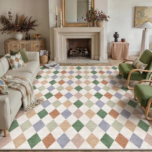WondRg 8x10 Checkered Washable Area Rug for Living Room Bedroom Colorful Soft Modern Non Slip Large Throw Rug Lightweight Low Pile Neutral Carpet Dining Room Office Classroom Nursery Playroom