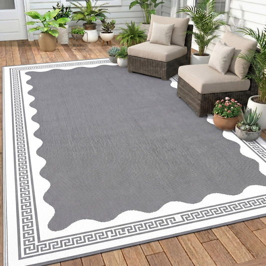 Dunzy Scalloped Outdoor Patio Rug, 6 x 9 ft Non-Slip Reversible Plastic Straw Pool Rug Indoor Outdoor Area Mat for Outside Rv Camping Deck Pool Beach Porch Backyard (Grey, White)