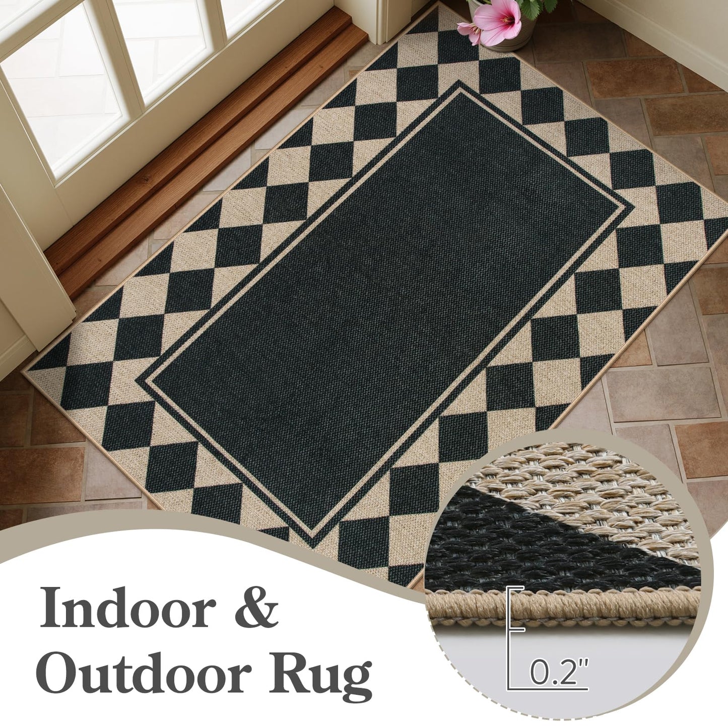 Moynesa Checkered Easy Jute Outdoor Patio Rug 3x5, Washable Indoor Outdoor Rugs for Entryway Non Slip, Farmhouse Carpet for Living Room Bedroom Kitchen Backyard Porches, Black Grid Pattern
