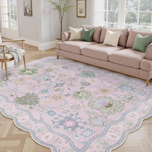 LORWER Oushak Pink Rugs for Bedroom Girls, 5x7 Washable Non Slip Area Rugs for Living Room, Scalloped Vintage Boho Floral Geometric Soft Carpet for Nursery Dorm Home Decor